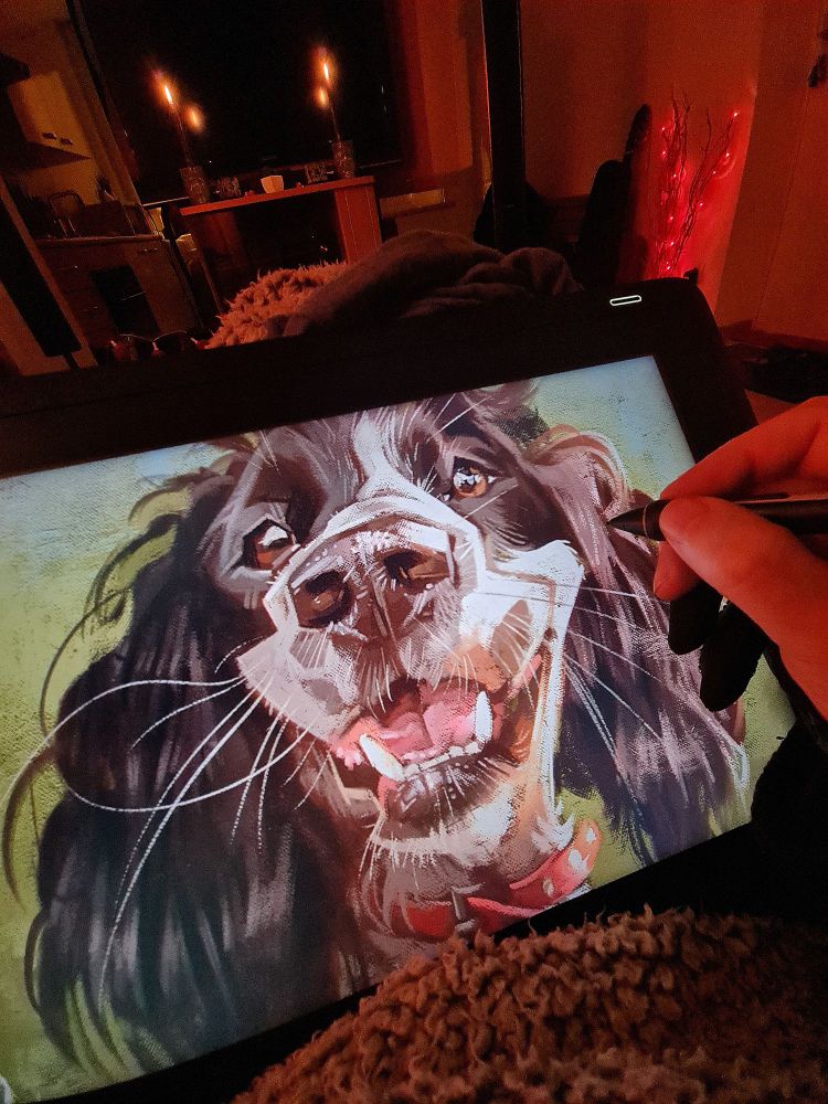 A digital caricature of a smiling dog, painted on a tablet