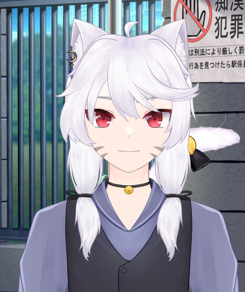 white haired gremlin catboy vtuber with a slight smile to viewer