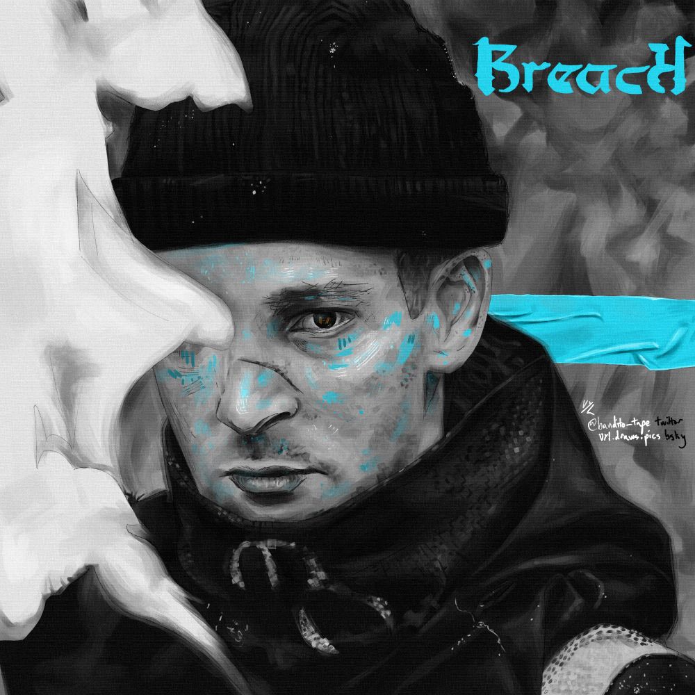 drawing of tyler joseph, mostly in black and white. there is some blue, including twenty one pilot's breach logo, and blue tape