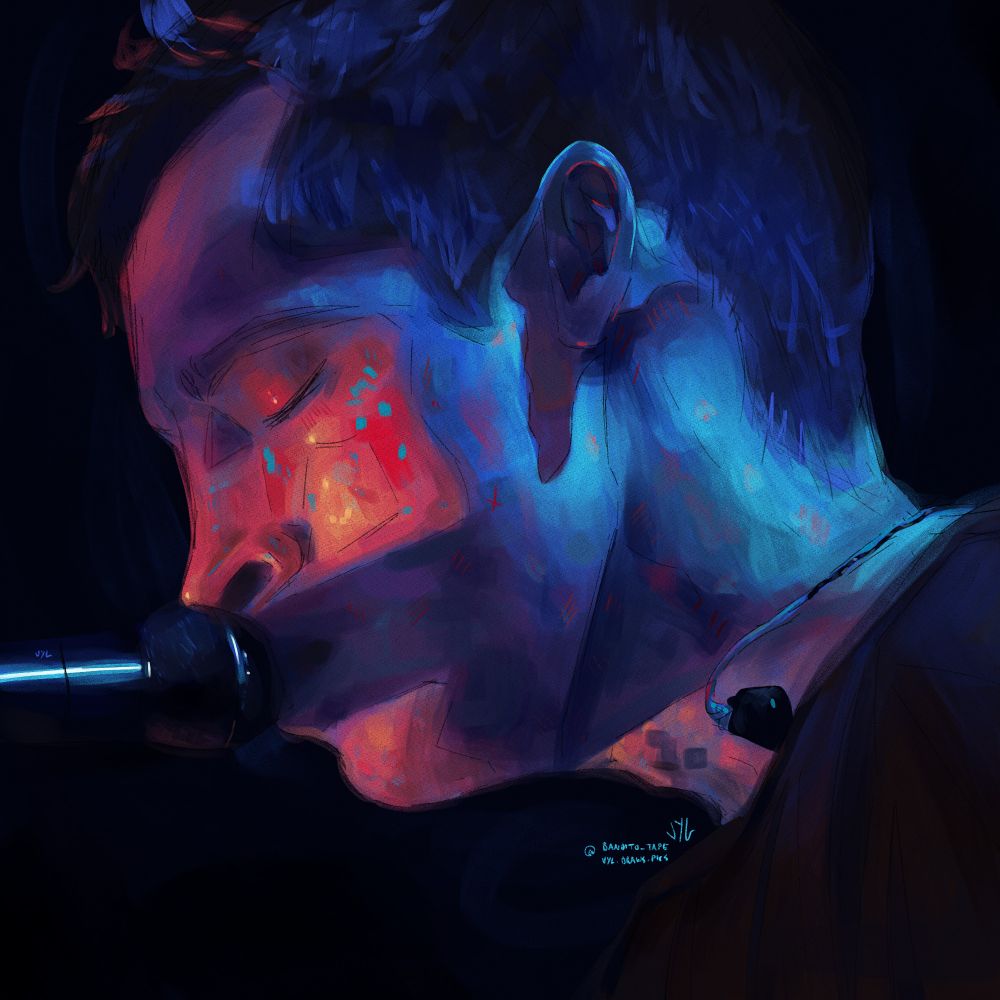 a drawing of tyler joseph's side profile with bright blue red and purple light