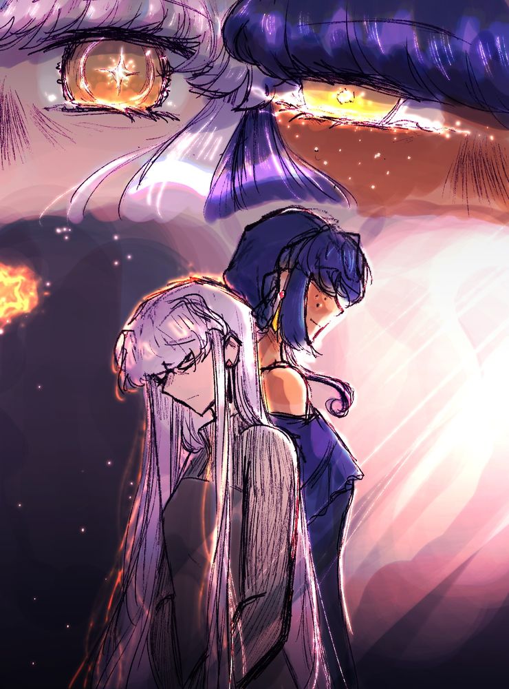 perse and raea, standing back to back. perse has a pensive face, raea is smiling. on one side is nightsky referring to raea, on rae's side is sunshine for perse. 