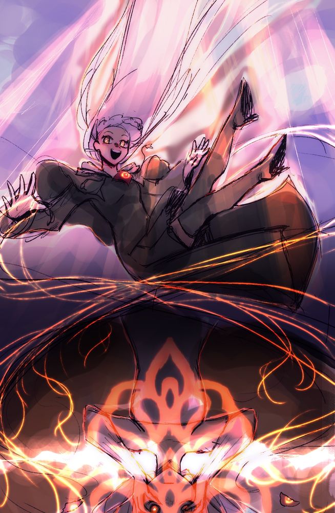 promo art of the ending for ancient comic arc, persephone is falling, she is younger and happier. now the bottom is here now. 