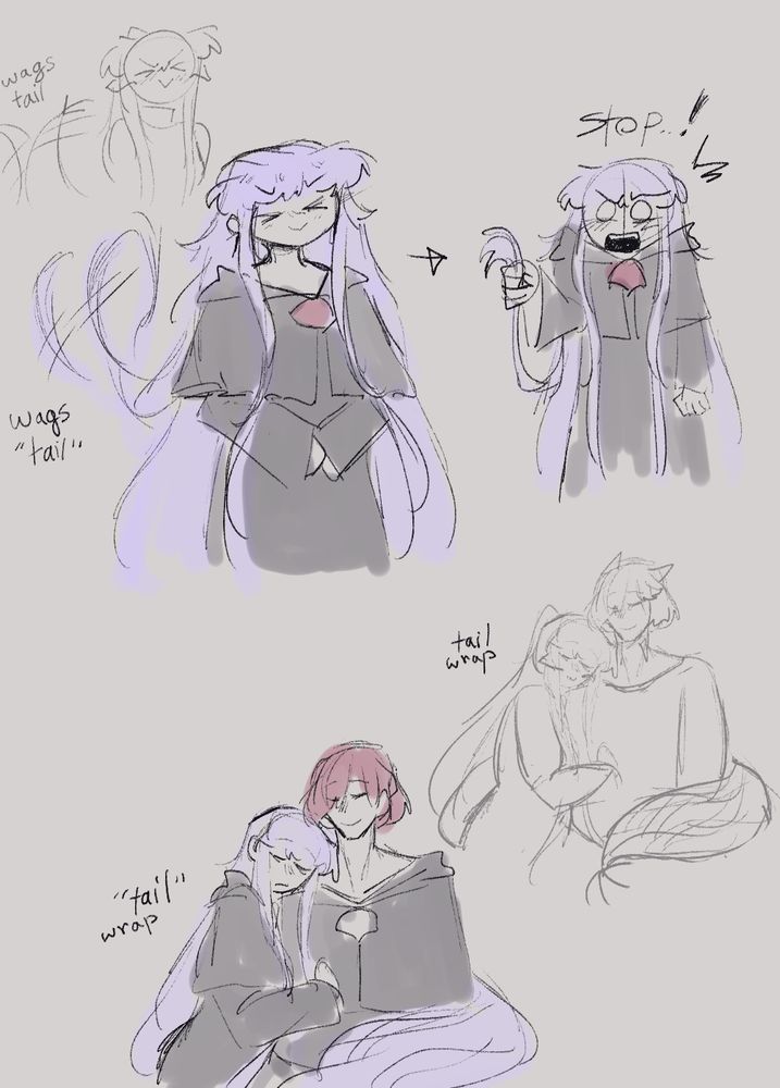 perse tail wags, xie in the bg, perse grabs her "tail" and is embarssed that it was wagging on its own again. she also tail wraps around apo, xie in bg tail wrap around raha