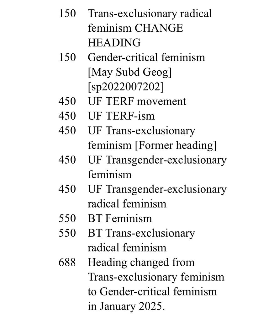 List showing the heading changes and call numbers for the term trans-exclusionary radical feminism 