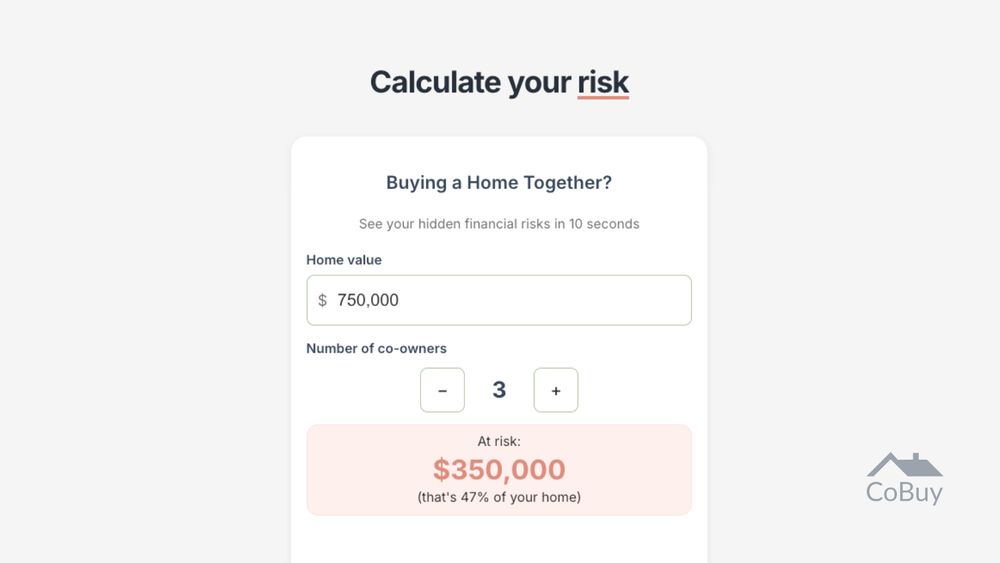 Co-ownership risk calculator showing $350,000 at risk (47% of home value) for 3 co-owners buying a $750,000 home together