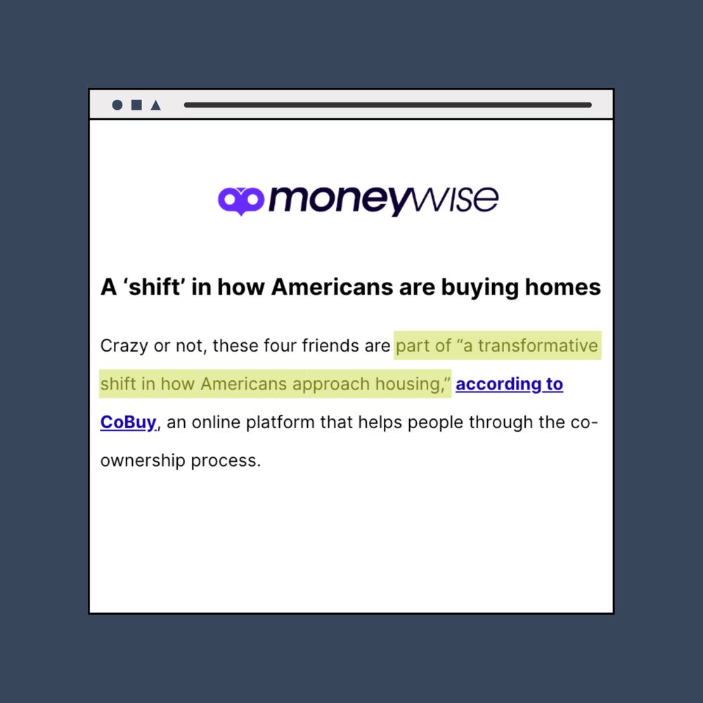 Screenshot of Moneywise article featuring co-buying as transformative shift with CoBuy mentioned as platform helping people through co-ownership process
