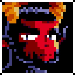 Pixel art of the icon depicting a demon with thick eyebrows, pointy ears, a thin beard, and horns. This one has color, so the demon is red skinned, his hair and fur black, and his horns yellow.