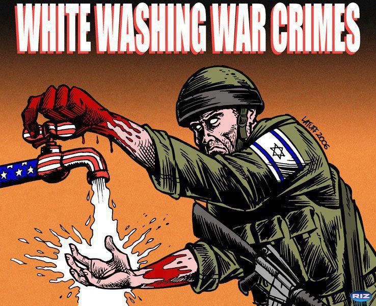 White washing war crimes, , c'est ce que l'on peut lire sur cette image d'un soldat colon israélien qui se lave les mains pleines de sang avec un robinet aux couleurs des USA.
