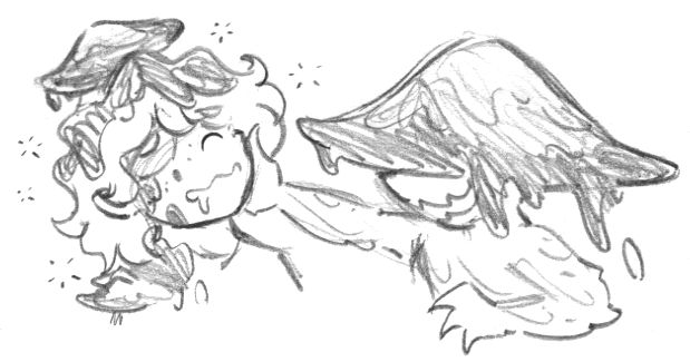 Sketch of a mushroom creature toying with a smiling, dazed, clearly brainwashed human that has a mushroom growing out of their head.