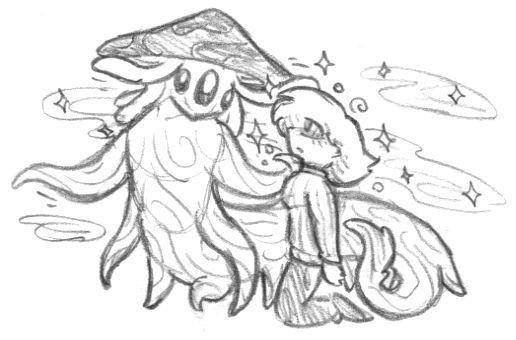 Sketch of a large alien mushroom creature hypnotizing a human with its spores.