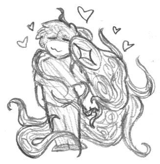 Sketch of a smoky, tendriled entity cuddling a cozy-looking human.