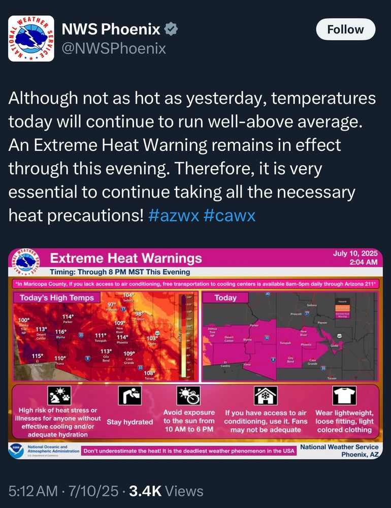 Tweet from the NWS in Phoenix issuing an extreme heat warning for Arizona. 