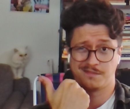 print de webcam onde eu (branco, olhos e cabelo castanho, oculos redondo de aro preto) estou sentado na frente do computador apontando pra minha gata Dafne (persa branca) sentada no encosto do sofá ao fundo