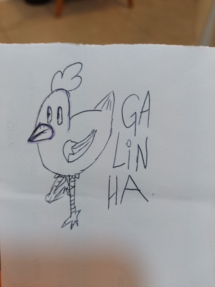 desenho simples em caneta bic de uma galinha com uma perna dobrada e escrito GA LI NHA do lado