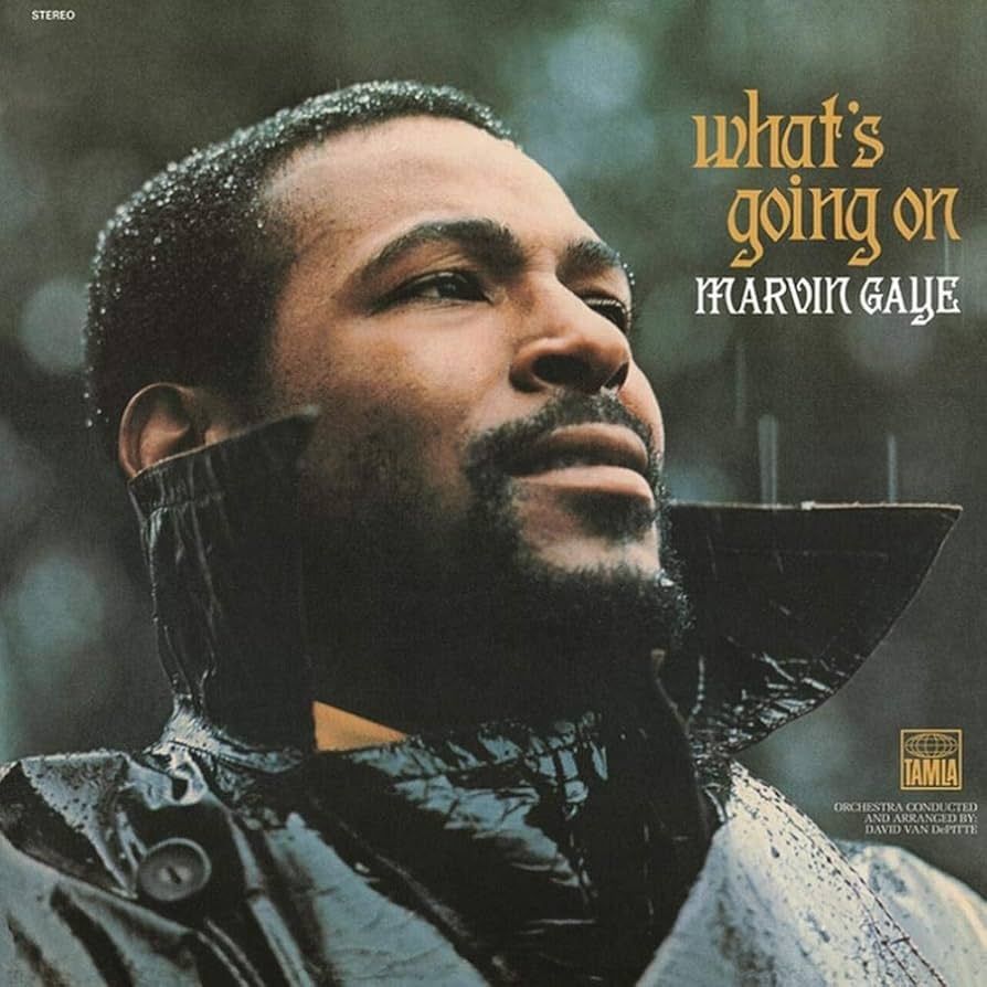 capa de What's Going On, com Marvin Gaye lindo maravilhoso tomando chuva 