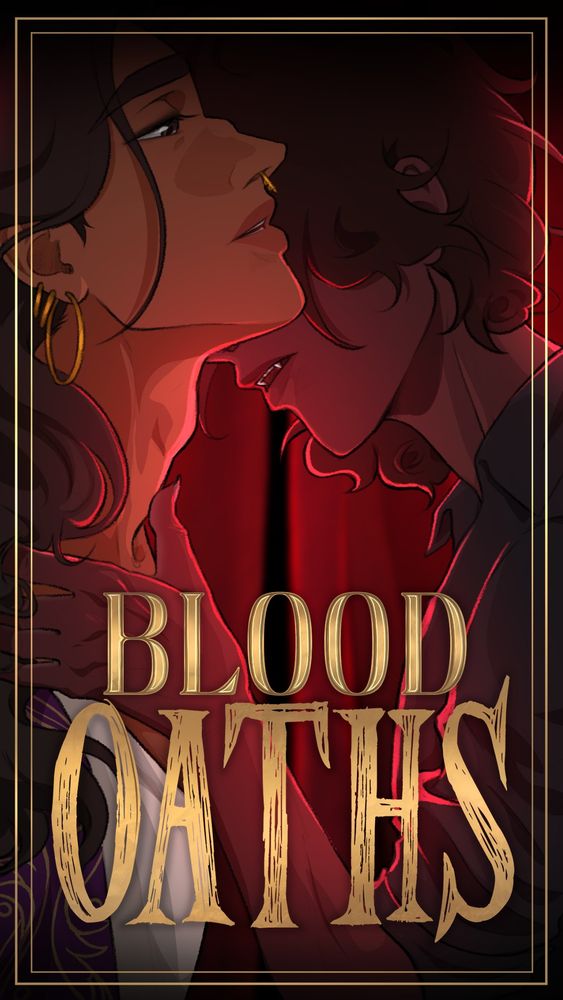 Cartel promocional del webcomic blood Oaths en el que se ve sobre un telón rojo de teatro a la izquierda al protagonista, Effy, a punto de ser mordide por el vampiro Nasim a la derecha de la imagen, odo con una iluminación roja y el logo del cómic en dorado.
Effy es una persona nb gitana con el pelo largo negro ondulado, sombra de ojos negra y lleva unos zarcillos y un séptum dorados. Nasim es un hombre de origen musulmán, tiene media cara tapada mostrando sólo de nariz para abajo viéndose así sus colmillos. Tiene el pelo negro rizado y la piel más oscura que Effy.