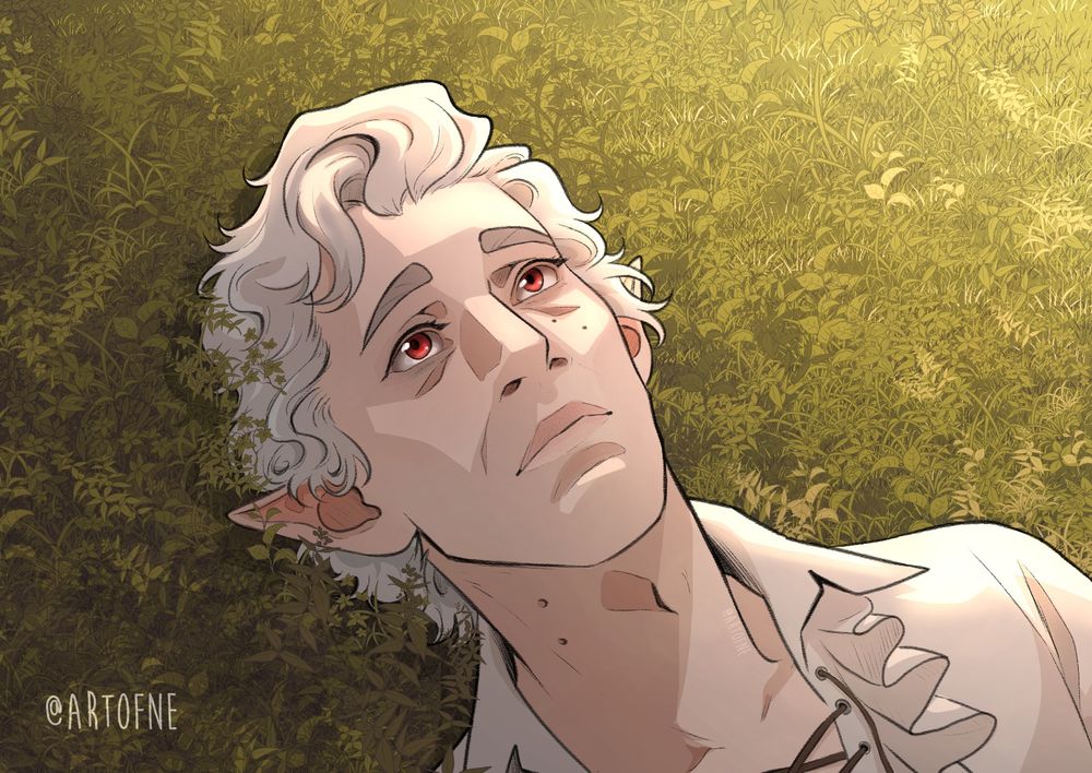 drawing of Astarion, from Baldur's Gate 3, laying on the grass and staring up to the sky, basking on the sun light -now that he can-