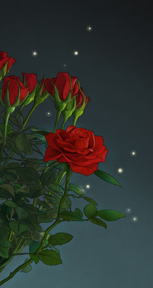 Drawing of some red roses, on a dim, blue light, midnight-like, fireflies dancing around them
