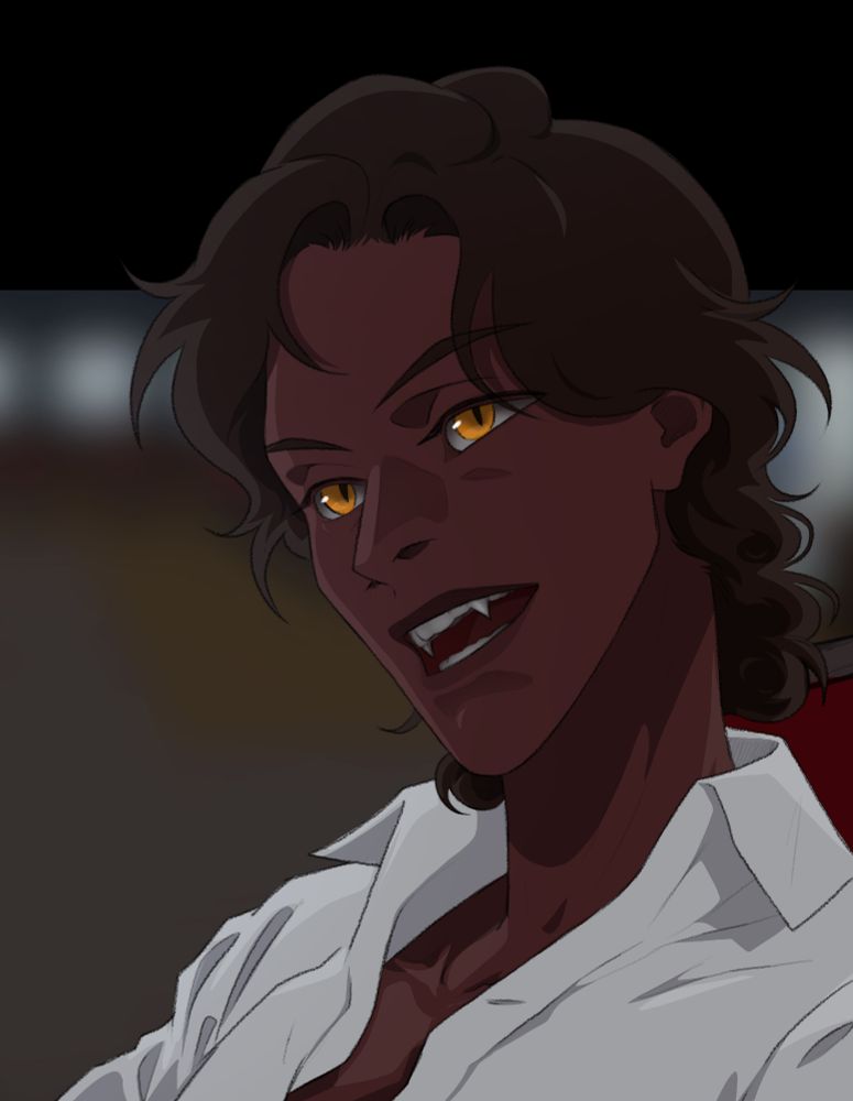 Nasim, character from my webcomic Blood Oaths. He's a vampire with dark skin, black curly shoulder-length hair, a thin straight nose, thin small lips and golden eyes. He's wearing an unbuttoned white shirt and is showing his teeth