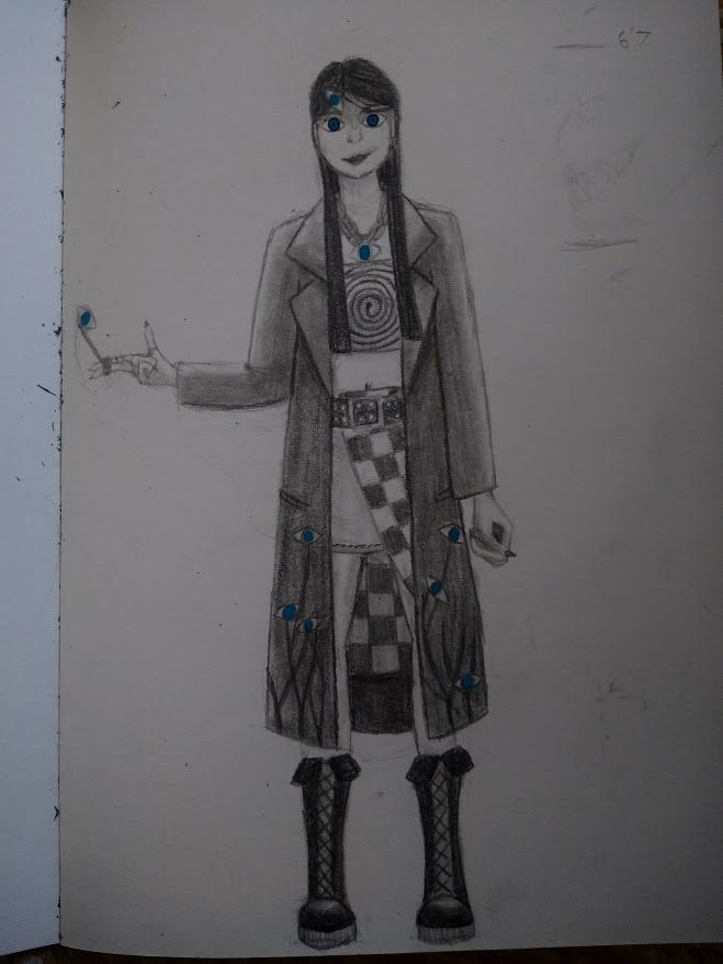 Tall greyscale lady drawn almost entirely in pencil, only colour is in her blue eyes and in the eye designs across her outfit. One hand is playing with her arcane focus, which takes the form of a pendant. This one is her true form.