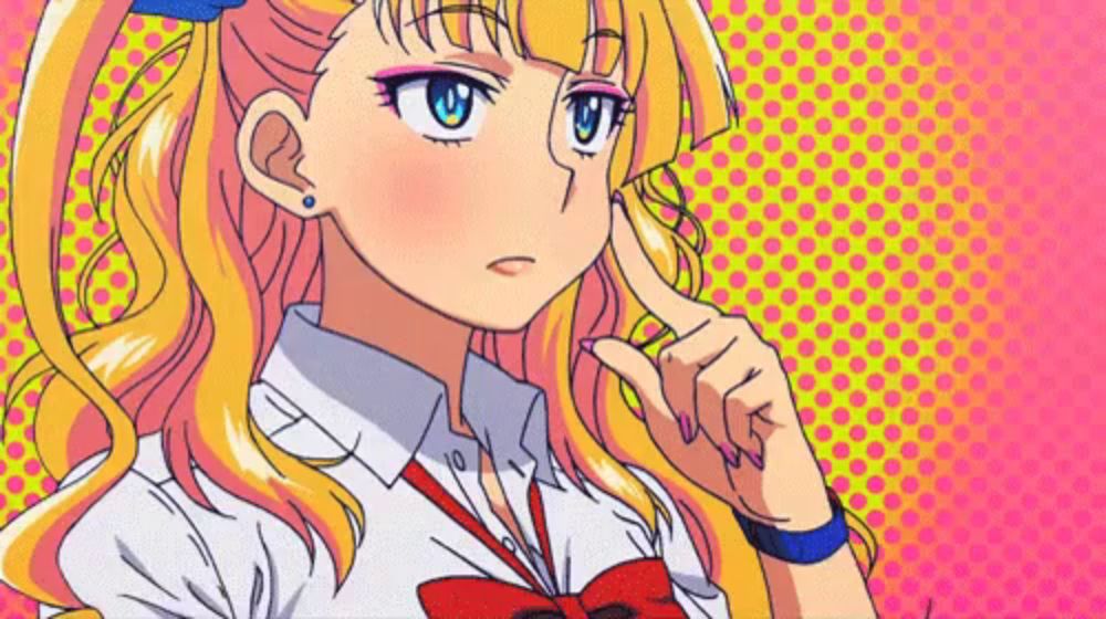 a girl with blonde hair and blue eyes is wearing a school uniform