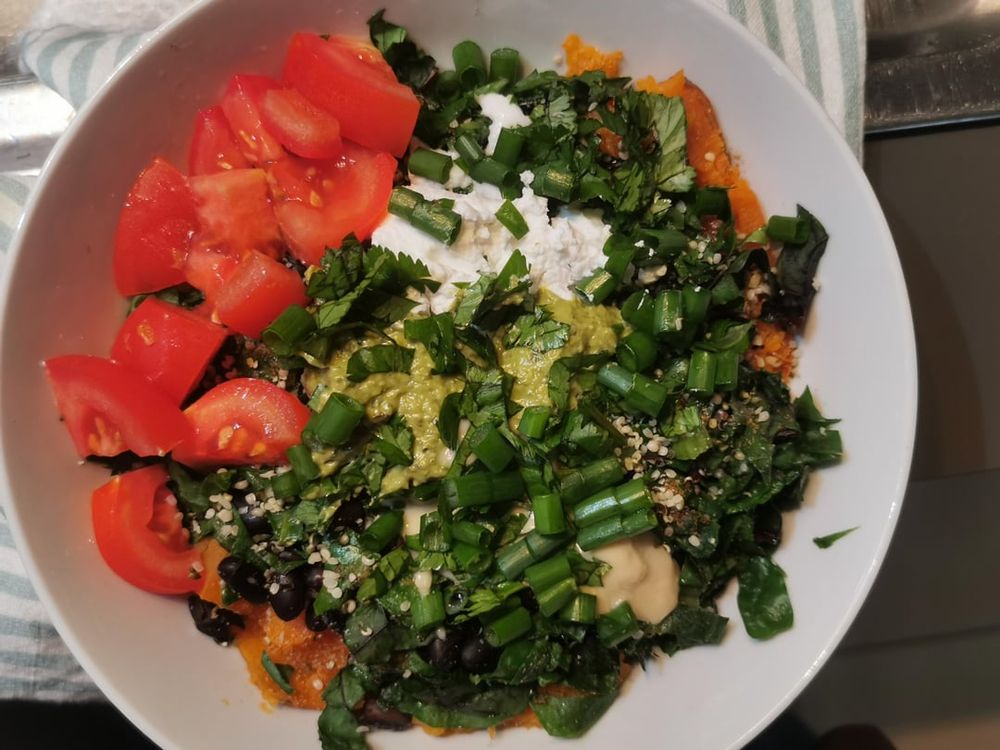 sweet potato, black bean, vegan sour cream, pesto and tahini plus more veggies