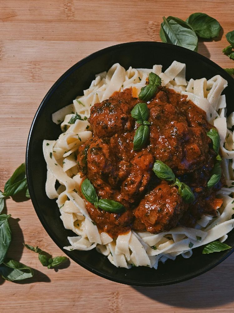 Vegan Meatballs and Sauce with Tagliatelle.