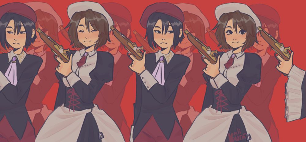 a cycle with kanon and shannon pointing a gun to eachother ending with beatrice hand holding the gun to shannon's head