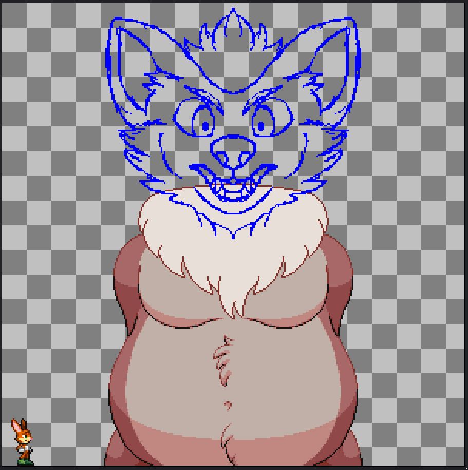 A work-in-progress of the wolf boss from OpenSurge in my own style. The neck fluff is unshaded and the head is still a sketch. Surge the Rabbit is in the corner for scale.