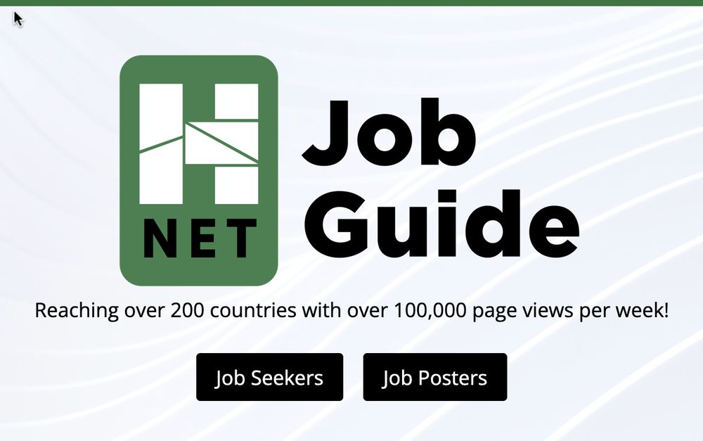 H-Net Job Guide logo over the text "Reaching over 200 countries with over 100,000 page views per week!" Under the text are two black rectangular buttons with labeled "Job Seekers" and "Job Posters."