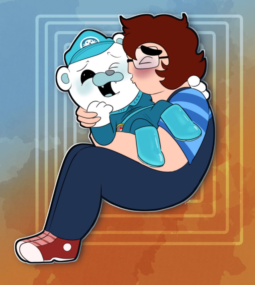 A drawing of my friends self insert kissing Barnacles from Octonauts.