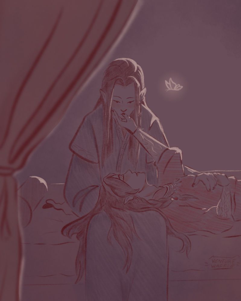 Digital sketch of Hua Cheng and He Xuan from TGCF. All the colors are low saturation reds and purples. Hua Cheng is lying on a bed with his head on He Xuan's lap, who is sitting. Hua Cheng’s right hand is lifted to touch He Xuan's face, his thumb on he Xuan's lips. Hua Cheng’s eyepatch is lying on the bed and his scarred eye is visible. They are both semi-backlit on the right side of the image by a silver butterfly. on the left is a blurry curtain in the foreground.