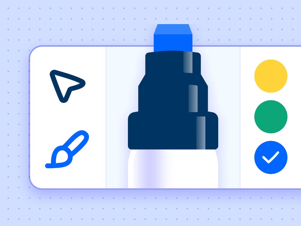A digital interface mockup showcasing a marker tool with a blue chisel tip. The UI includes a selection panel with an arrow cursor, a paintbrush icon, and color choices in yellow, green, and blue.