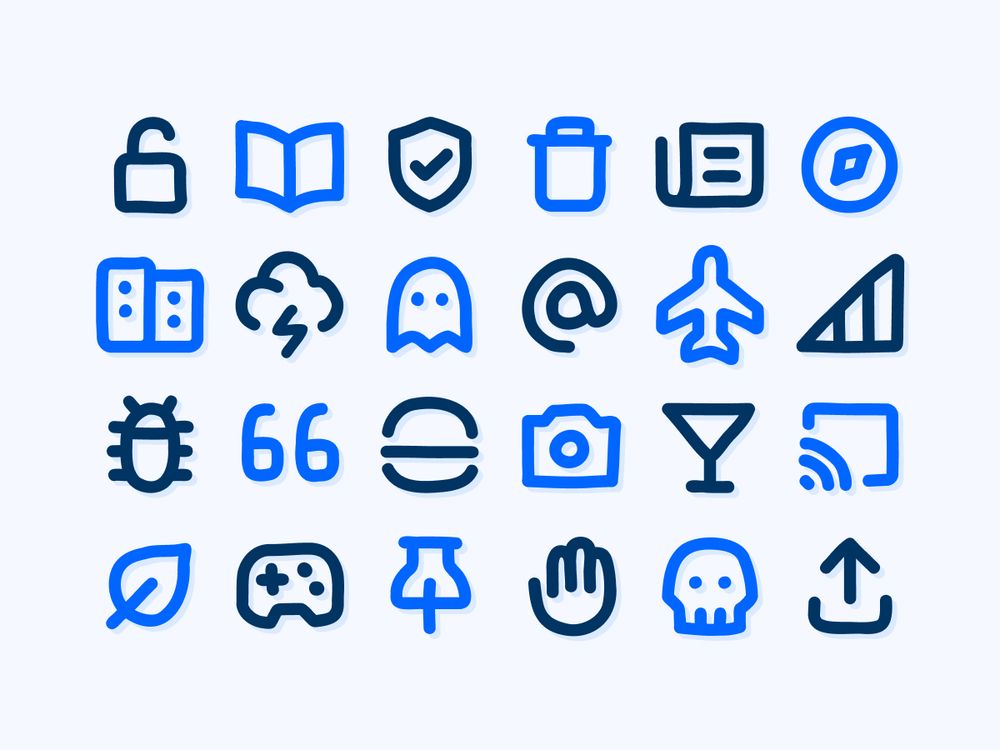 A grid of hand-drawn-style icons outlined in blue and black, featuring various symbols like a book, ghost, airplane, camera, speech bubbles, gaming controller, and skull.
