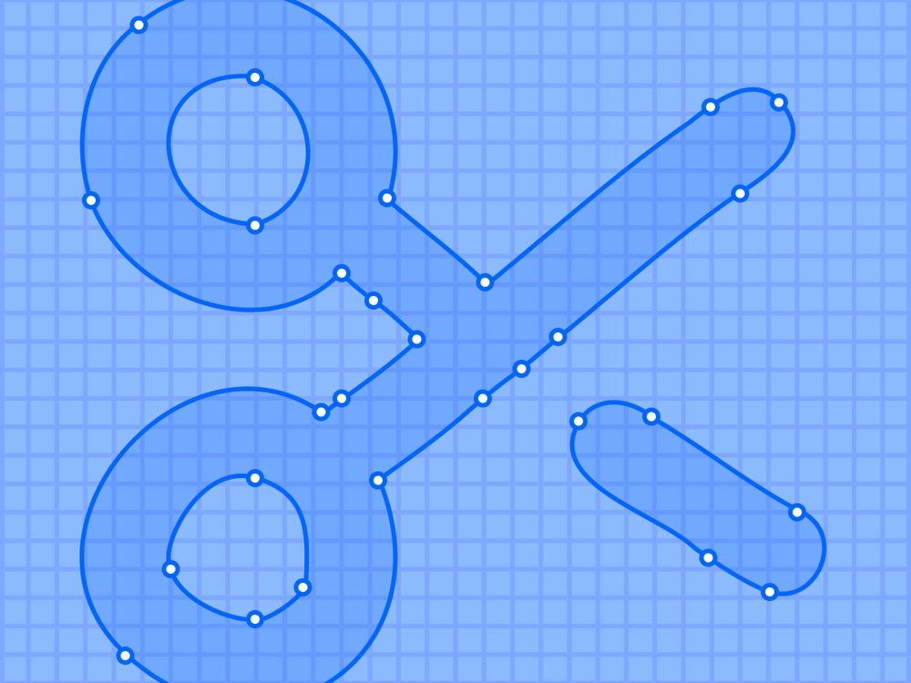 A vector editing interface displaying a blue outline of a percentage sign made up of connected anchor points on a grid background, indicating a pen tool in use.