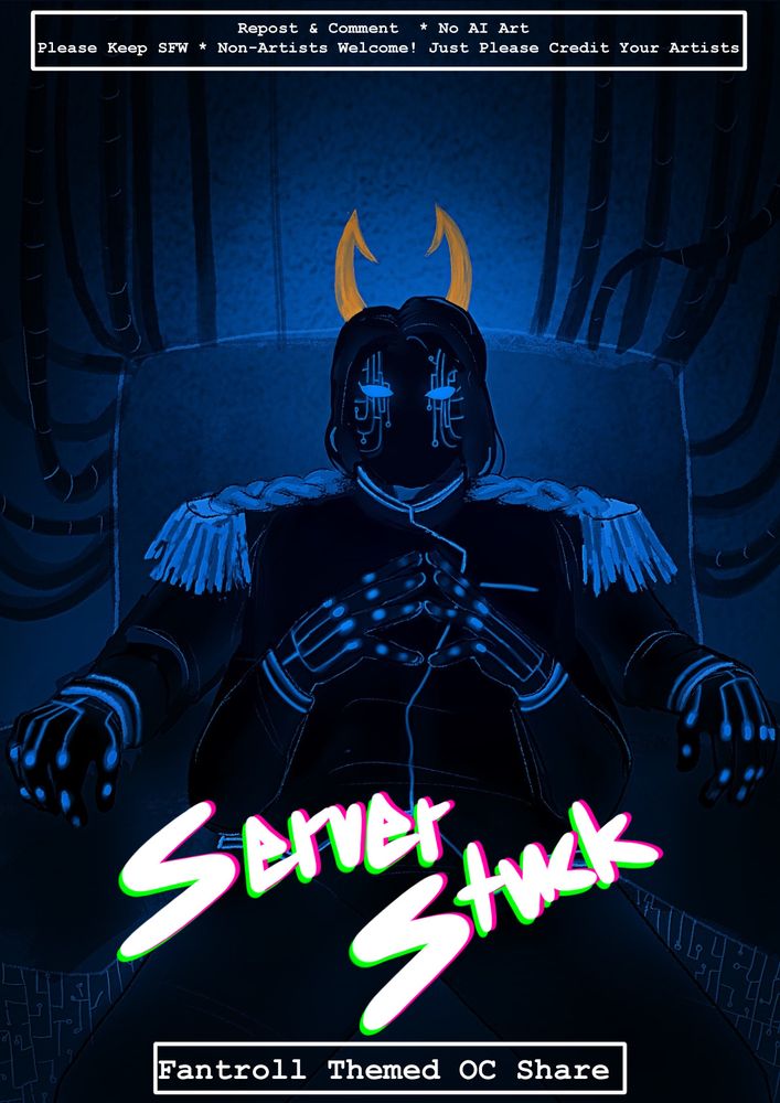 An image of a cerulean fantroll sitting in a chair. At the top of the image it reads Repost & Comment No AI ART Please Keep SFW Non-Artists Welcome! Just Please Credit Your Artists. The bottom reads SERVERSTUCK Fantroll Themed OC Share
