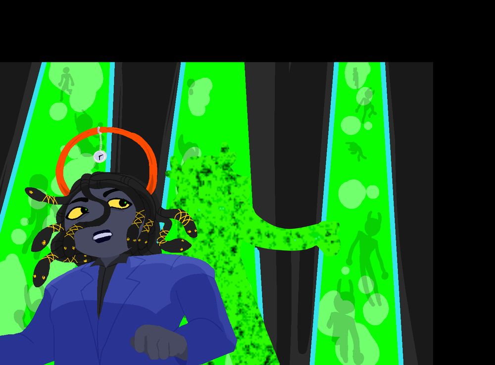 A GIF of a purpleblood fantroll teleporting behind an indigoblood fantroll. The indigoblood looks startled as the purpleblood has a smug grin on his face.