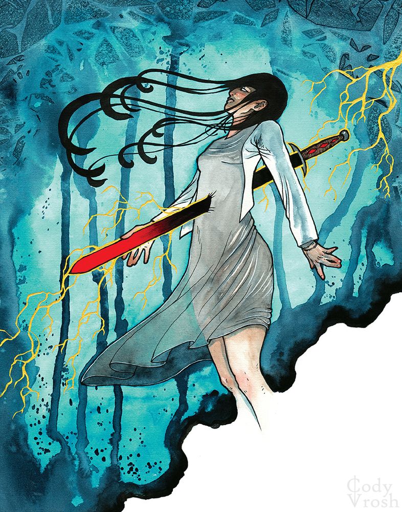 Illustration of a person pierced by a sword amidst a lightning storm.