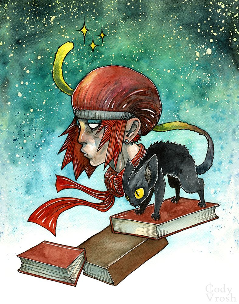 Illustration of a person in a hat with a black cat and books.