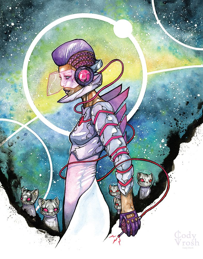 Illustration of an astronaut with headphones and tiny space cats.