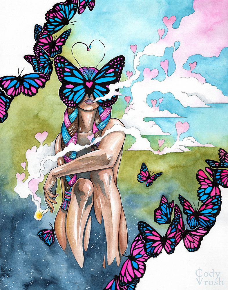 Illustration of a person in a butterfly mask surrounded by butterflies.