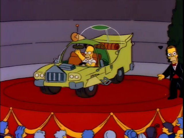 Homer inside his horrendously badly designed green bubble car from the episode "Oh Brother, Where Art Thou?"
