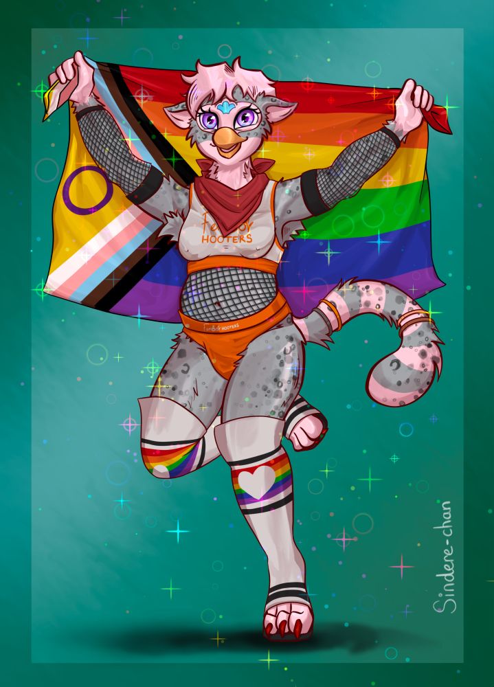 A sweet femboy furby with pink hair and a grey leopard pattern runs holding a rainbow pride flag. He is wearinga  red banana, an orange and white 'femboy hooters' outfit and rainbow and white booties. He is also wearing fishnet covering his arms and chubby tum tum.