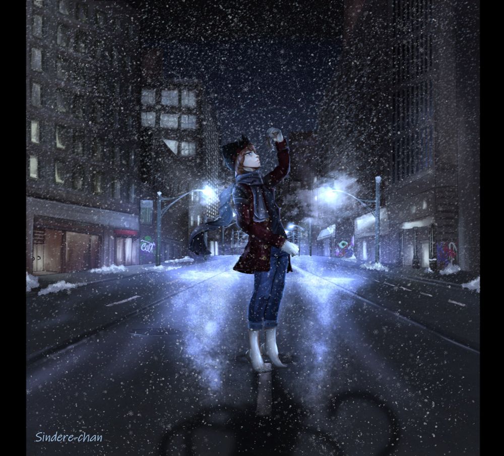 A snowy scene in the city at night. Centered is a small child walking on bare tippy toes. He is wearing blue jeans, red coat and grey scarf. His hair is brown and he is wearing a black and red crowned beanie. His eyes are blue and appear soulless. He is holding up a brown mouse with a blank expression, debating what to do with his. His shadow is distorted in a way that looks eldritch in nature.