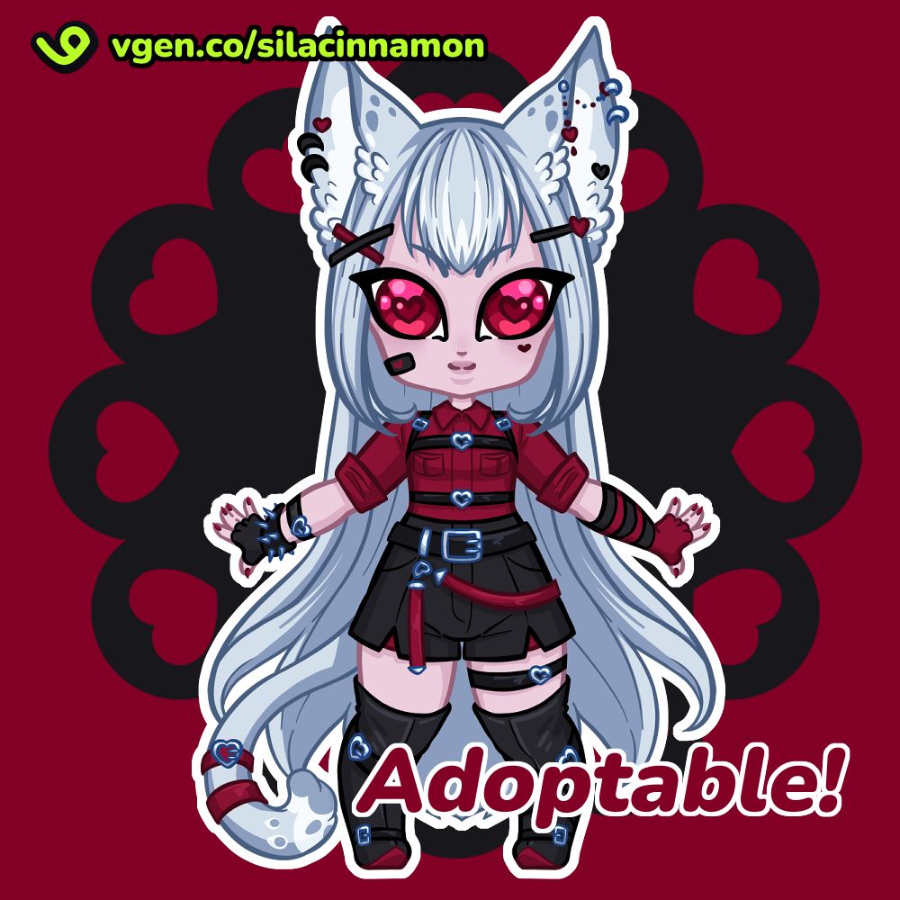 Chibi adopt - snow leopart kemonomimi girl wearing black tailored short with black and red belts, red tailored shirt with black harness, tight-high leather boots, one hand with fingerless long black and red gloves and another hand hearing a short black fingerless glove, spiked wrist cuff and black bracelet. She has red eyes, long white hair and a long tail with two red bands. Her ears are long and fluffy, with light grey spots at the tips and black, red and silver piercings. She also has long red nails, a heart-shaped beauty mark under her eyes and a black bandage at ther cheek.