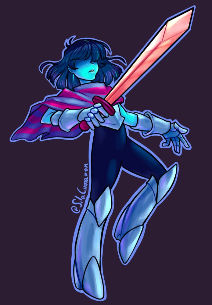 Fanart of Kris Deltarune in their dark worls form, holding a sword