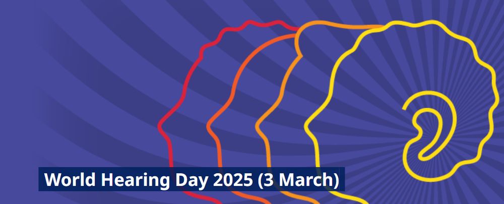 purple background with colorful outlines of a side profile and an ear. text reads world hearing day 2025 3 march