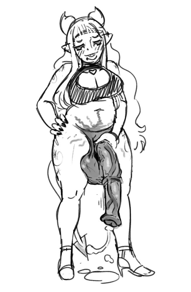 A girl with very wide hips, devil horns, and a dagger-tipped tail stands with a completely massive, extremely dark horsecock effulsing fluids down between her legs. It's almost as long as her leg. Darkness from the horsecock coils and snakes up her skin from the base of her heaving, wrinkled nuts, the corruption firmly rooted in her. It's porn.