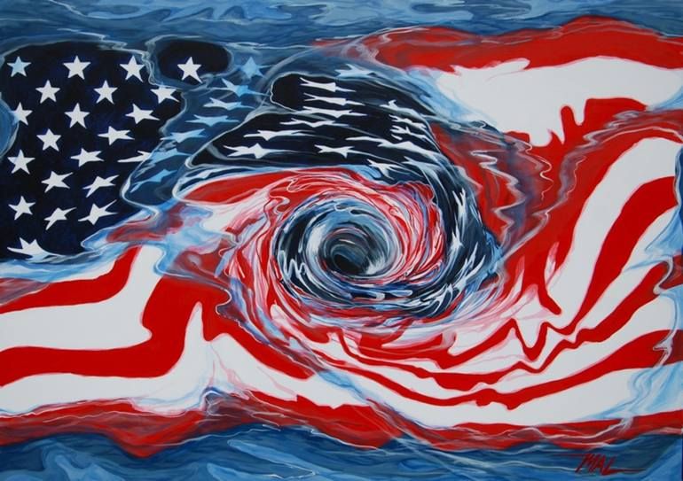 Painting showing an American flag in water, circling the drain. 