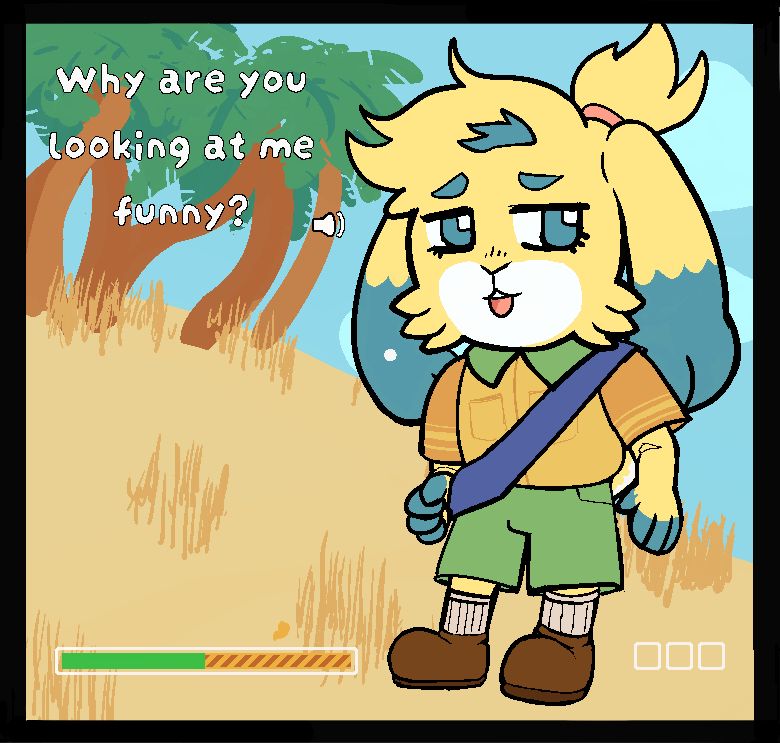Speckle expresses concern for their fellow scout by saying, "Why are you looking at me funny?" The UI indicates that the player's hunger bar is half full.